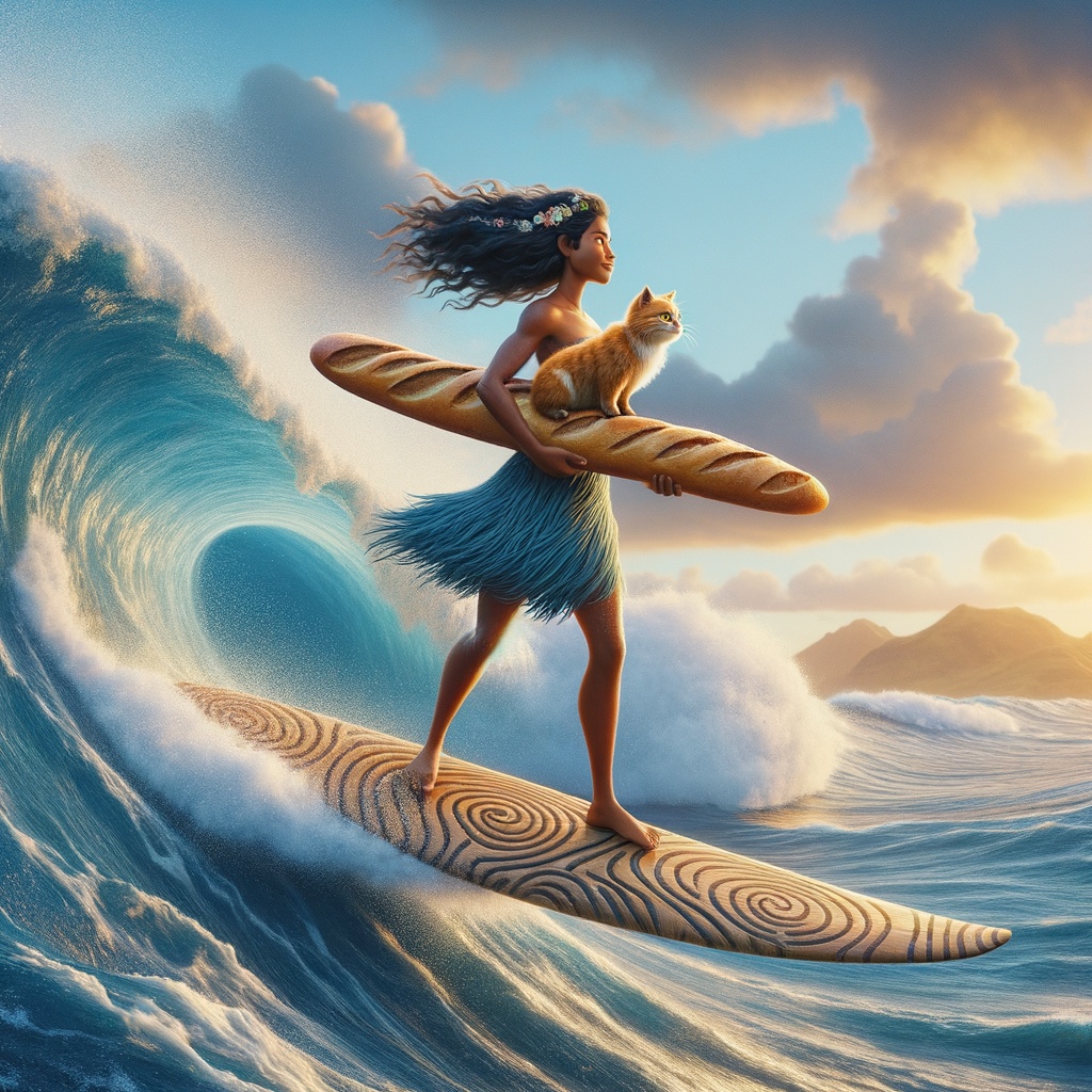 Vaiana,Surfing,With,A,Cat,And,A,Baguette